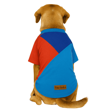 Bold colorblock dog T-shirt in red, blue & light blue by PawTaaka, designed for comfort and style in pet apparel.