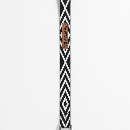 Full view of PawTaaka Monochrome Zigzag Dog Leash in black and white with metal clasp and geometric pattern for fashionable pet accessories.