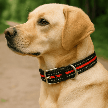 Yellow Labrador wearing the PawTaaka Flex Mode Reflective Dog Collar – Red & Black, ideal for outdoor walks and daily pet wear.