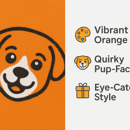 Close-up of PawTaaka Orange Pup Face Dog Bandana fabric showing vibrant orange color and quirky pup face print for playful pet fashion.