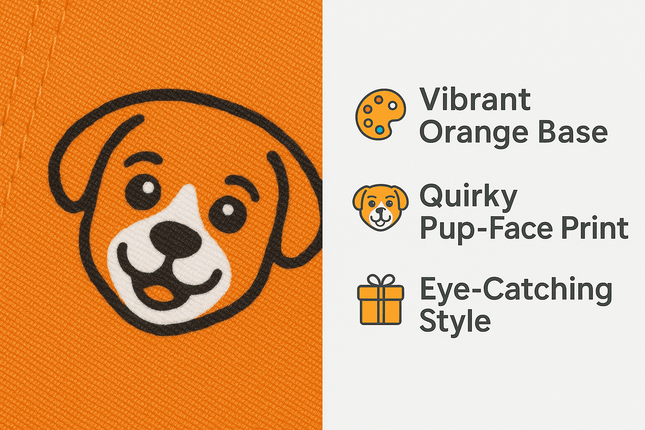 Close-up of PawTaaka Orange Pup Face Dog Bandana fabric showing vibrant orange color and quirky pup face print for playful pet fashion.