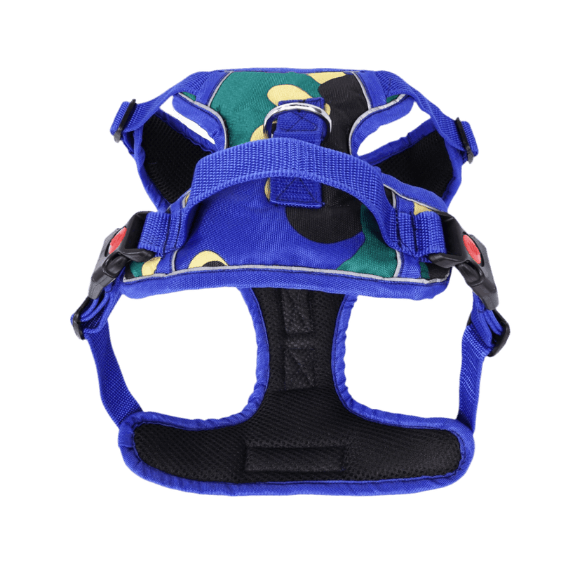 Underside view of PawTaaka Camo Burst Reflective Dog Vest Harness – Blue Jungle showing breathable mesh and ergonomic fit.