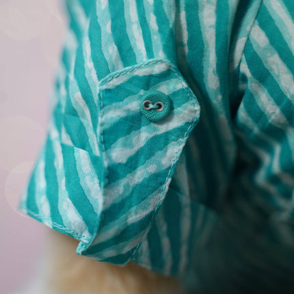 Close-up of turquoise striped festive kurta sleeve for dogs from the Kurta + Rakhi Combo for Dogs – Celebrate Rakhi in Style collection.