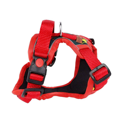 Reflective Dog Vest Harness – Red & Black with Soft Mesh by PawTaaka, side view showing adjustable straps and breathable padding.