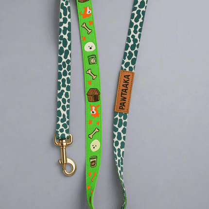 PawTaaka Dual Sided Dog Leash with cartoon and animal print, featuring green paw pattern and colorful pet icons, ideal for stylish dog walks.