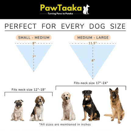 Size chart for PawTaaka Meow Mania Dog Bandana showing fit for small to large dogs with neck sizes from 12 to 24 inches.
