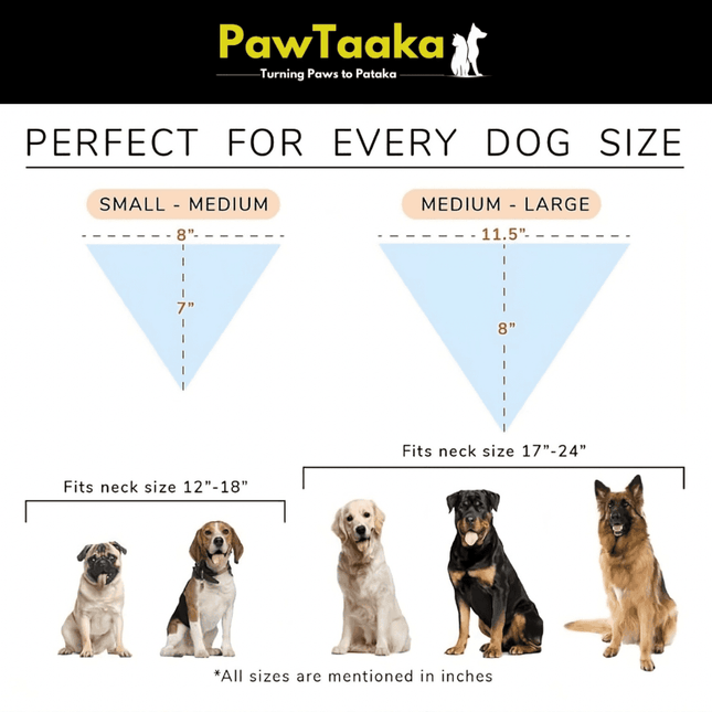 Size chart for PawTaaka Meow Mania Dog Bandana showing fit for small to large dogs with neck sizes from 12 to 24 inches.