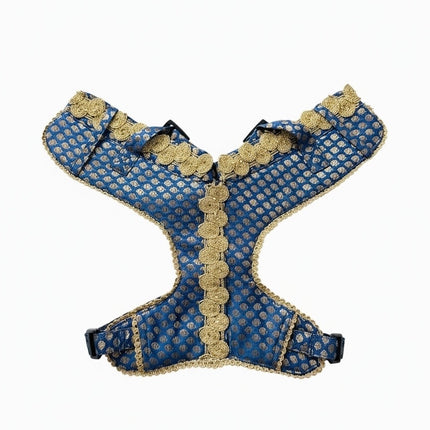 PawTaaka Luxe Gold Lace Harness & Leash – Royal Blue Festive Edition