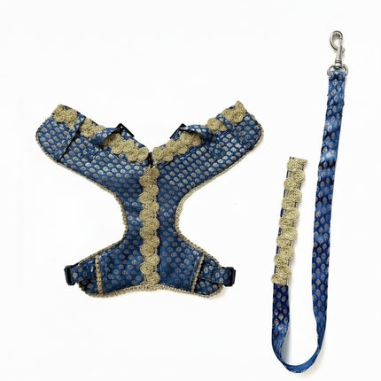 PawTaaka Luxe Gold Lace Harness & Leash – Royal Blue Festive Edition