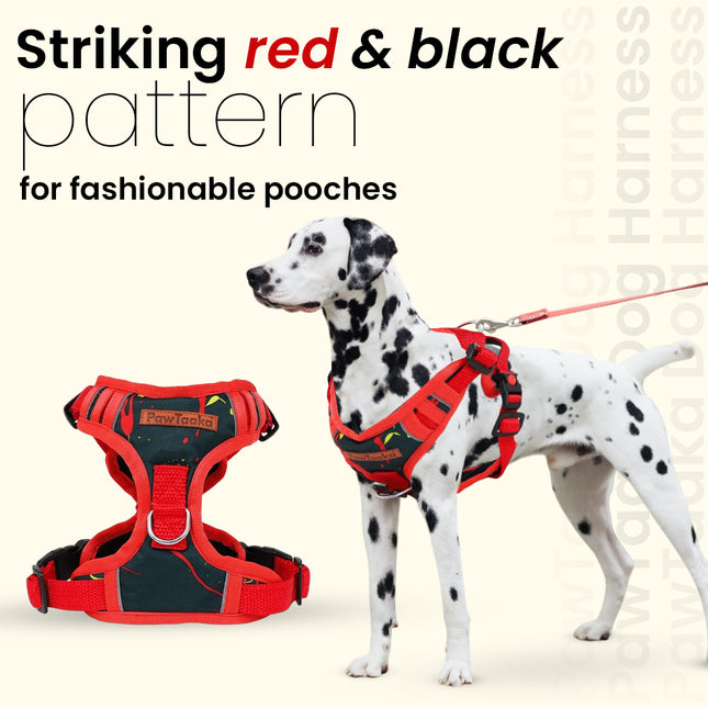 PawTaaka Paint Splatter Reflective Vest Harness – Red & Black (Soft Mesh, Adjustable & Safe)