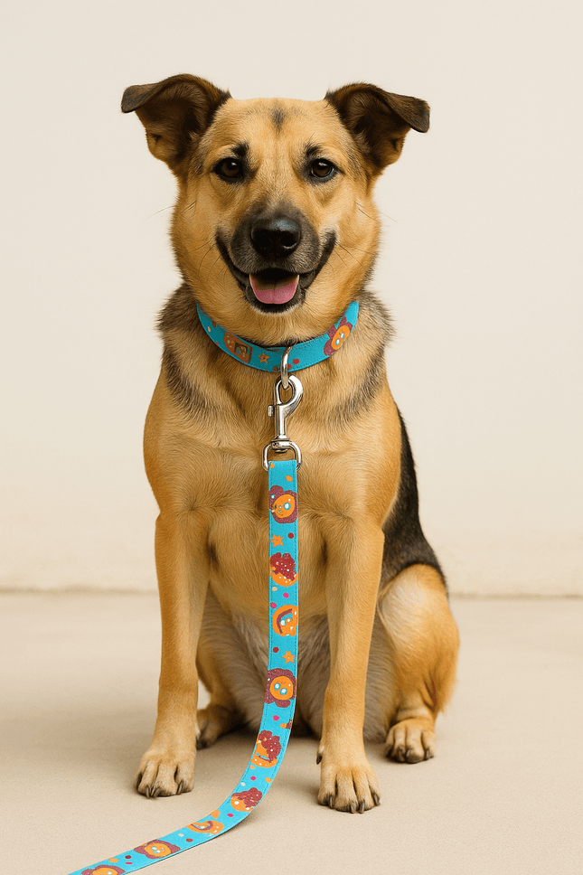 PawTaaka Fun Dog Leash – Mood Booster Donut & Rainbow shown on a happy dog, highlighting its vibrant design and secure fit.