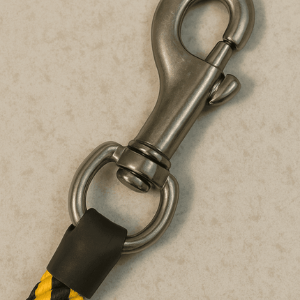 Heavy-duty metal clip hook of the PawTaaka yellow and black rope dog leash, designed for secure attachment to collars or harnesses.