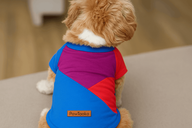 PawTaaka Colorblock Dog T-Shirt in red, blue & purple on a small dog. Stylish and comfy pet clothing, ideal for all dog sizes and machine-washable.