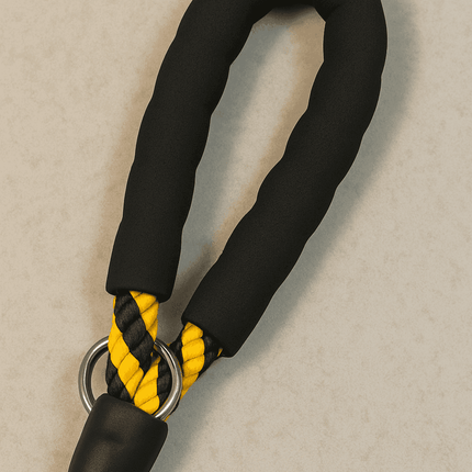 Ergonomic anti-slip foam handle of the PawTaaka padded rope dog leash, offering comfort and control during walks.