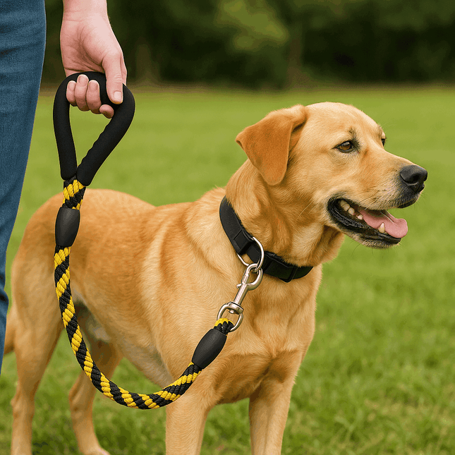 PawTaaka yellow and black rope dog leash in use with a Labrador, showcasing strong grip and secure clip for outdoor walks.