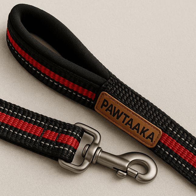 Close-up of PawTaaka Midnight Stride Reflective Dog Leash showing soft padded handle, black & red nylon grip, and sturdy metal clasp.