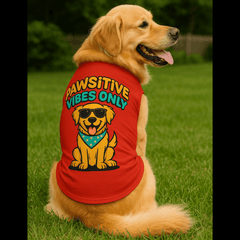 Golden retriever wearing PawTaaka red dog t-shirt with 'Pawsitive Vibes Only' print, ideal for pet apparel and daily wear.