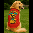 Golden retriever wearing PawTaaka red dog t-shirt with 'Pawsitive Vibes Only' print, ideal for pet apparel and daily wear.