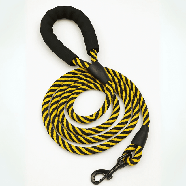 Padded rope dog leash in yellow and black by PawTaaka, featuring a heavy-duty anti-slip foam handle and durable braided design.