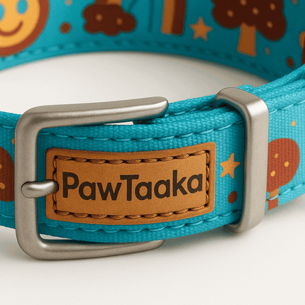 Close-up of PawTaaka Mood Booster Dog Collar – Rainbow & Donut Print, highlighting durable nylon, secure buckle, and playful design.
