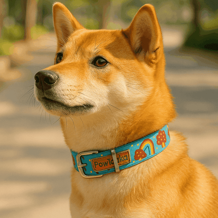 Shiba Inu wearing PawTaaka Mood Booster Dog Collar – Rainbow & Donut Print, showcasing a fun and colorful pet accessory for daily walks.