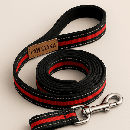 PawTaaka Midnight Stride Reflective Dog Leash in black & red with reflective stitching and metal swivel clasp for secure pet walking.