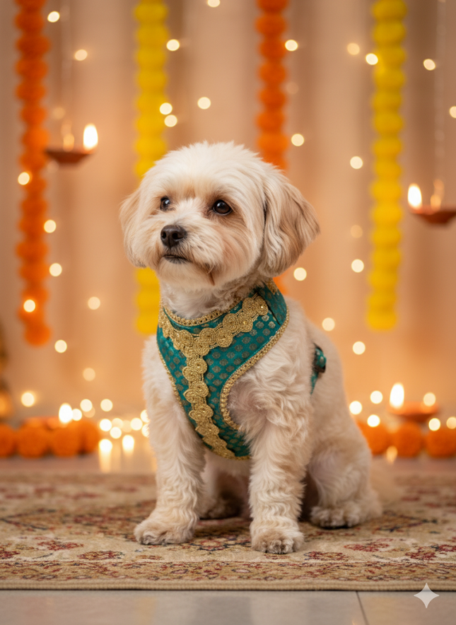 PawTaaka Luxe Festive Harness & Leash – Turquoise Green & Gold