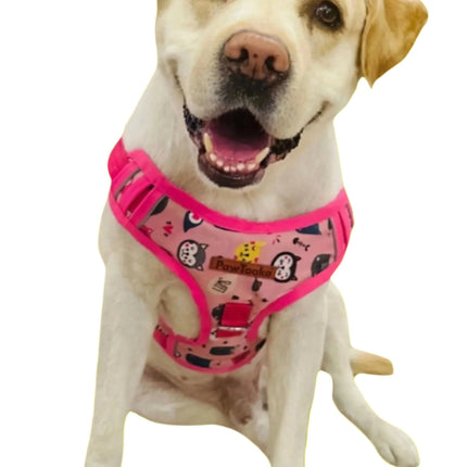 Labrador wearing PawTaaka Luxe Reflective Pink Dog Harness with cartoon snack squad design, perfect for large breed comfort and safety.