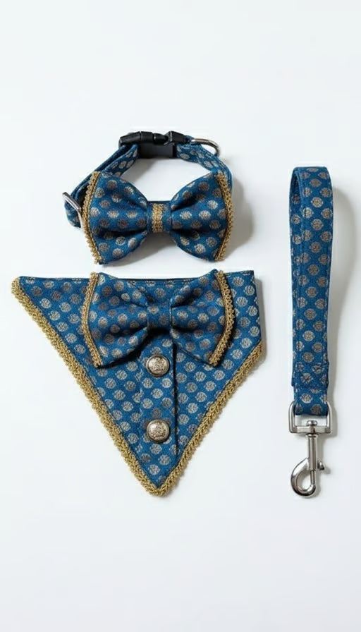 PawTaaka Blue Festive Glam Box | Bow Collar, Bandana & Leash Set for Dogs & Cats