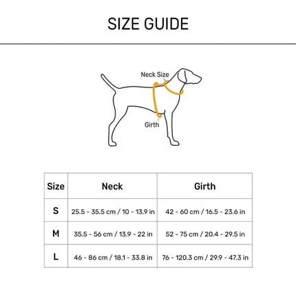 PawTaaka Blue Rush H Harness size guide chart showing neck and girth measurements for small, medium, and large dog harness fitting.