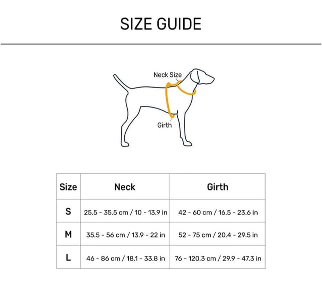 PawTaaka Blue Rush H Harness size guide chart showing neck and girth measurements for small, medium, and large dog harness fitting.