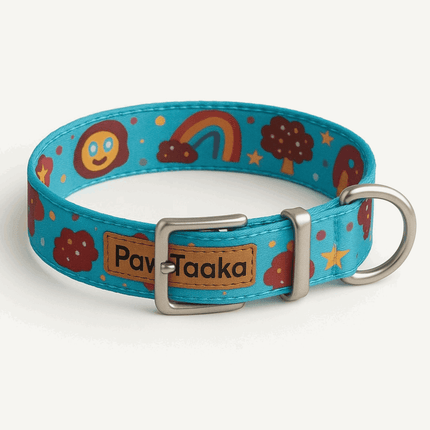 Dog Collar – Rainbow & Donut Print by PawTaaka in vibrant blue with cheerful donut, rainbow, and smiley motifs, ideal for stylish pets.