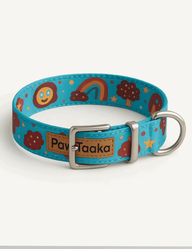 Dog Collar – Rainbow & Donut Print by PawTaaka in vibrant blue with cheerful donut, rainbow, and smiley motifs, ideal for stylish pets.
