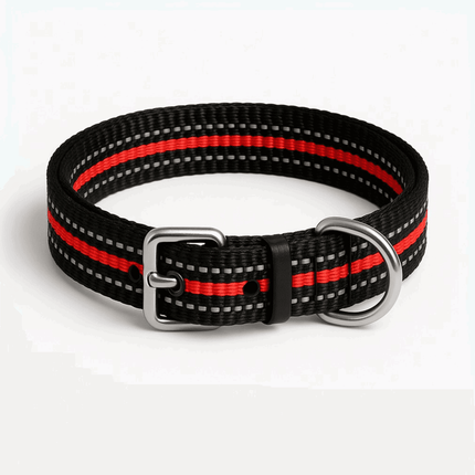 Flex Mode Reflective Dog Collar – Red & Black by PawTaaka, made of durable nylon with reflective stitching and metal buckle, shown on white background.