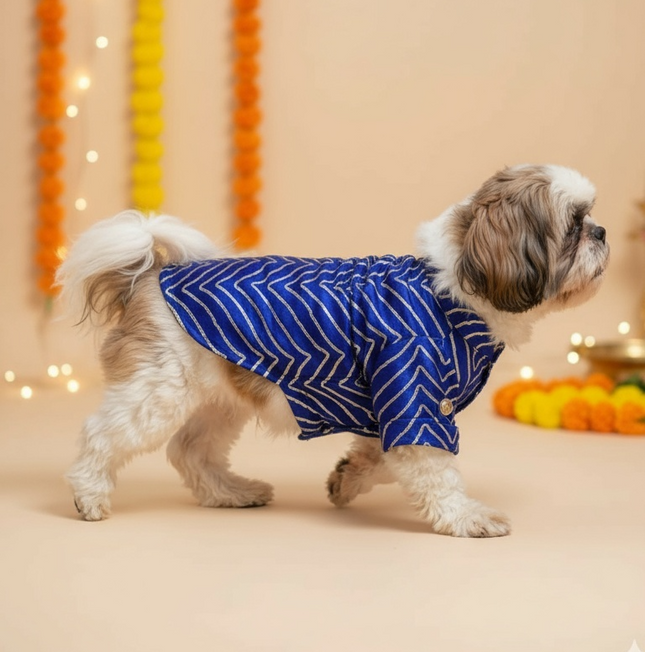 PawTaaka Royal Blue Zari Stripe Dog Kurta