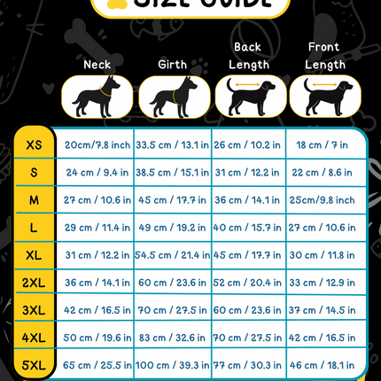 PawTaaka dog vest size guide chart showing neck, girth, back, and front length measurements from XS to 5XL for accurate fit.