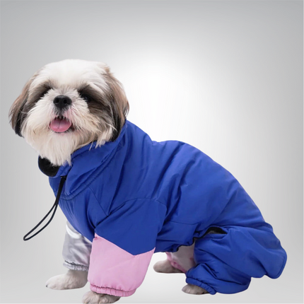 PawTaaka FrostFit Full-Body Winter Jacket – Blue, Pink & Metallic Silver