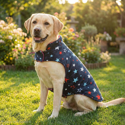 PawTaaka Everyday Reversible Winter Jacket – Pink Quilted & Blue Star Fleece