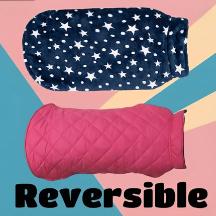 PawTaaka Everyday Reversible Winter Jacket – Pink Quilted & Blue Star Plush Fur