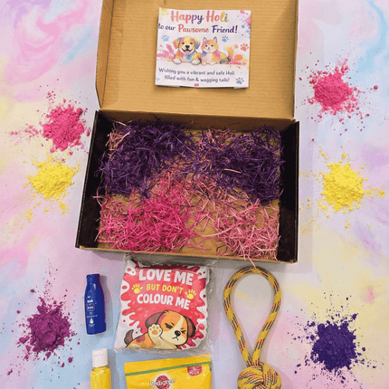 PawTaaka Holi Paws & Play Box – Festive Pet T-Shirt, Toy, Organic Gulal & Treats Kit