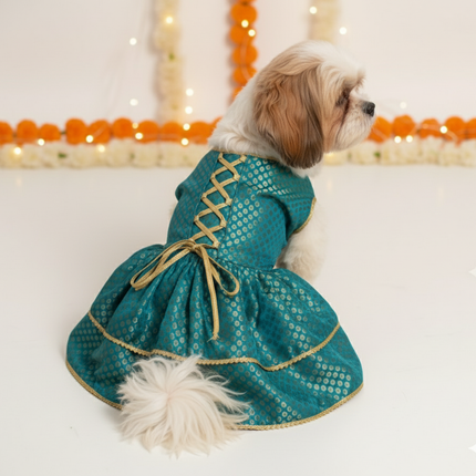 PawTaaka Teal Brocade Pet Lehenga –  Wedding & Festive Dress for Dogs