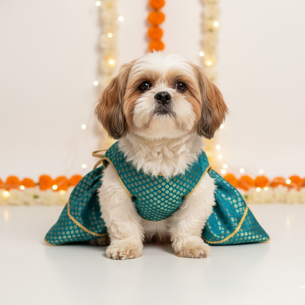 PawTaaka Teal Brocade Pet Lehenga –  Wedding & Festive Dress for Dogs