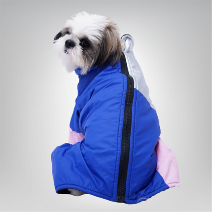 PawTaaka FrostFit Full-Body Winter Jacket – Blue, Pink & Metallic Silver