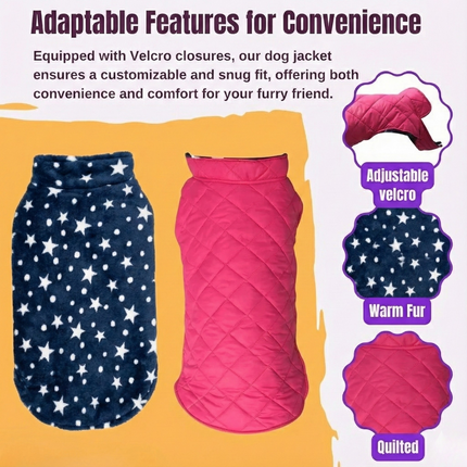 PawTaaka Everyday Reversible Winter Jacket – Pink Quilted & Blue Star Plush Fur
