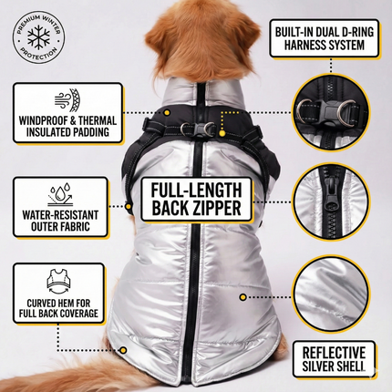 PawTaaka Silver Shield Winter Jacket – Metallic Silver & Black