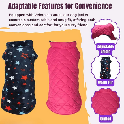 PawTaaka Everyday Reversible Winter Jacket – Pink Quilted & Blue Star Fleece