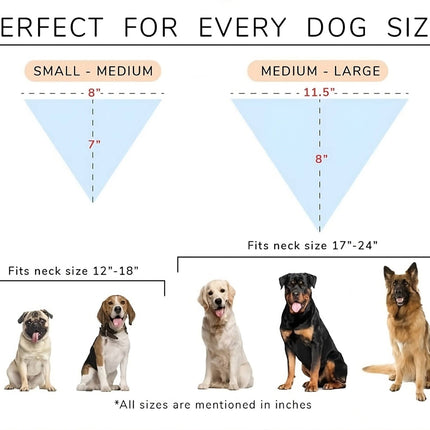 Size chart for PawTaaka Orange Pup Face Dog Bandana showing fit for small to large dogs with neck sizes from 12 to 24 inches.